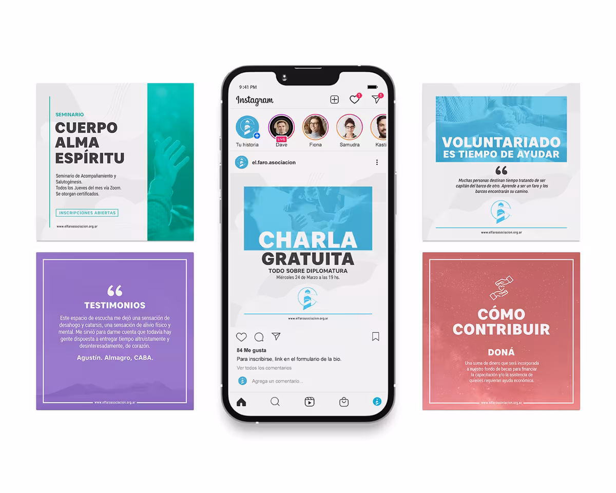 Piezas para redes de la asociación El Faro: seminario, voluntariado, testimonios y cómo contribuir, y el feed de Instagram