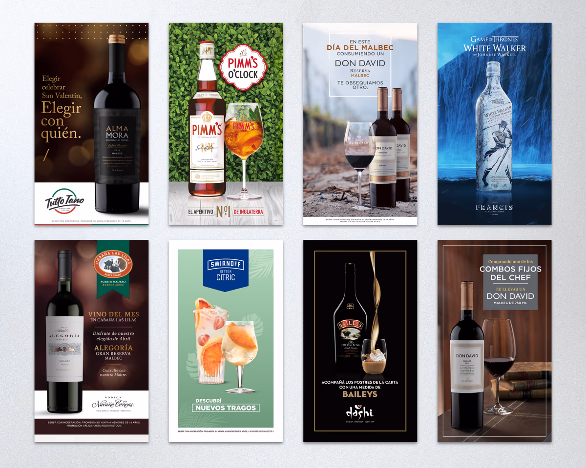 Ocho historias de Instagram para marcas de Grupo Peñaflor, pensadas para los restaurantes que las venden: Alma Mora, Pimm's, Don David, White Walker de Johnnie Walker, Alegoría de Navarro Correas, Smirnoff, Baileys y los combos del chef con Don David