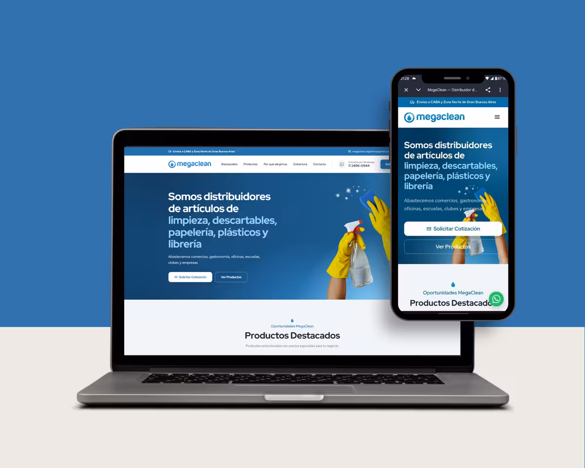 Sitio web de MegaClean en una laptop y un celular: el inicio, con el titular "Somos distribuidores de artículos de limpieza, descartables, papelería, plásticos y librería" y los botones para pedir cotización y ver productos