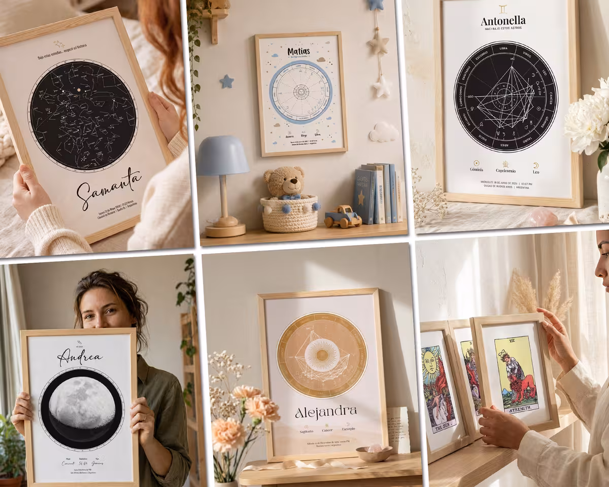 Mosaico de fotos de producto de Mooon generadas con IA: cuadros de mapa estelar, carta natal y tarot enmarcados en distintos ambientes