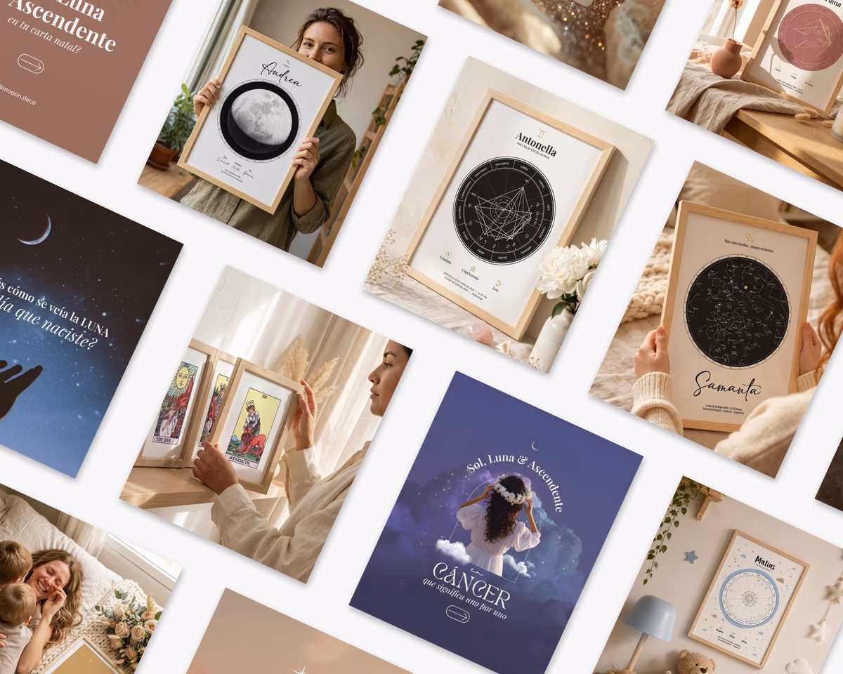 Collage de posteos para Instagram de Mooon: cuadros personalizados de luna, carta natal, mapa estelar y tarot en ambientes cálidos, y piezas sobre Sol, Luna y Ascendente