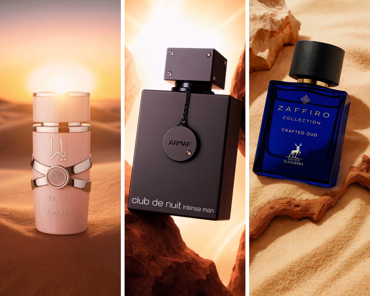 Tres cuadros del reel de Perfumes de Oriente generado con IA: los frascos de Yara, Club de Nuit y Zaffiro en escenas de desierto