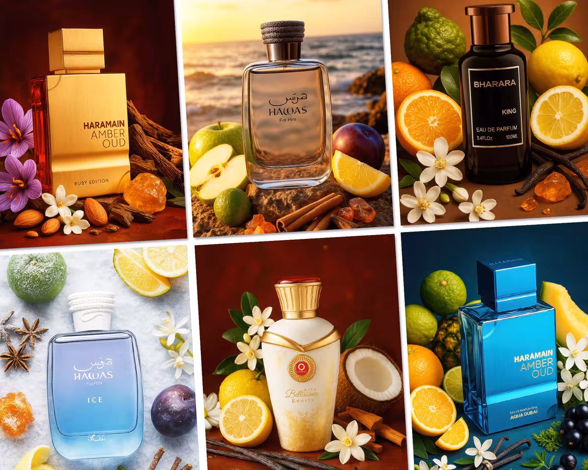 Mosaico de imágenes de producto de Perfumes de Oriente: frascos de fragancias fotografiados con flores, frutas y especias